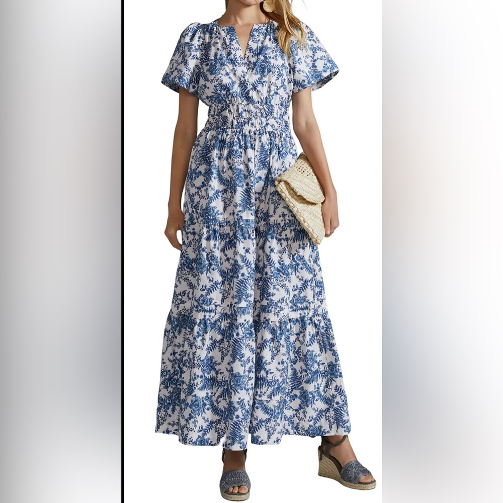 Anthropologie Blue and White Patterned Maxi Skirt